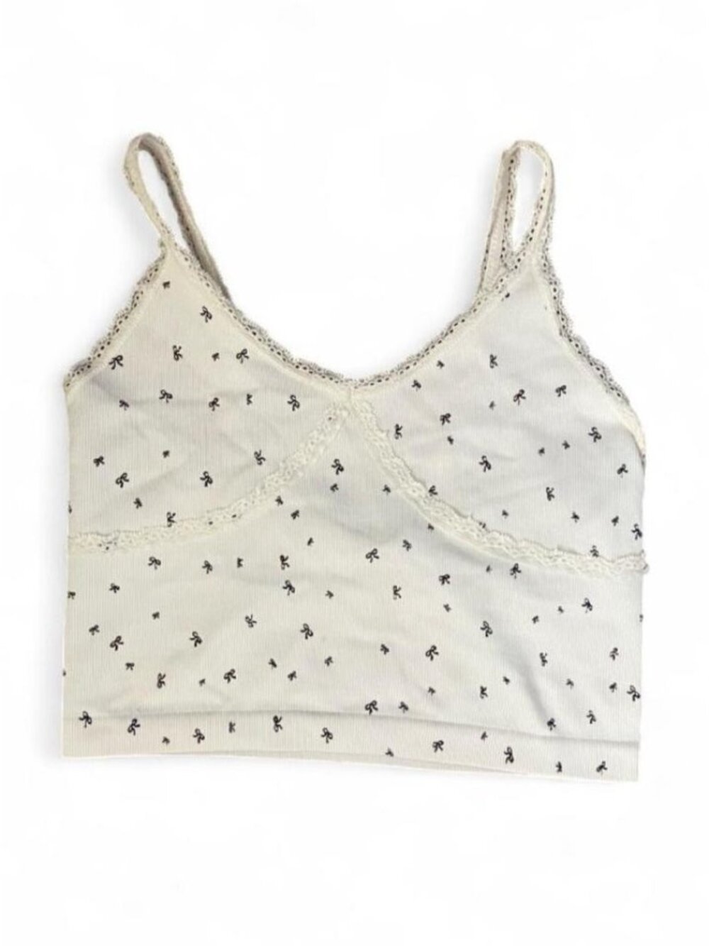 Women's White Ribbed Camisole Crop Top Lace Trim Black Bow Coquette S/M